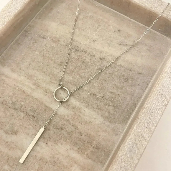 925 Sterling Silver Long Bar Lariat Necklace Long Drop Circle & Bar Necklace - Picture 3 of 9